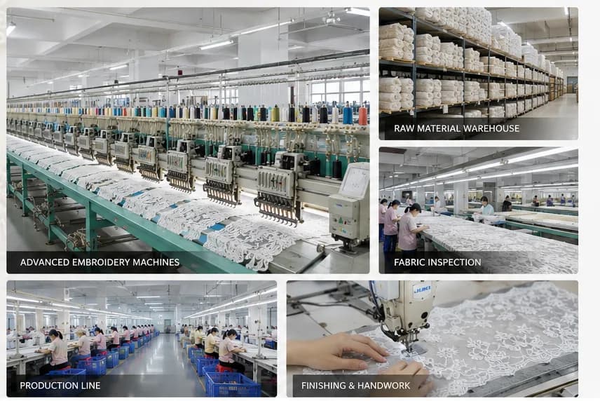 illustrative embroidery, inspection, finishing and material storage stages