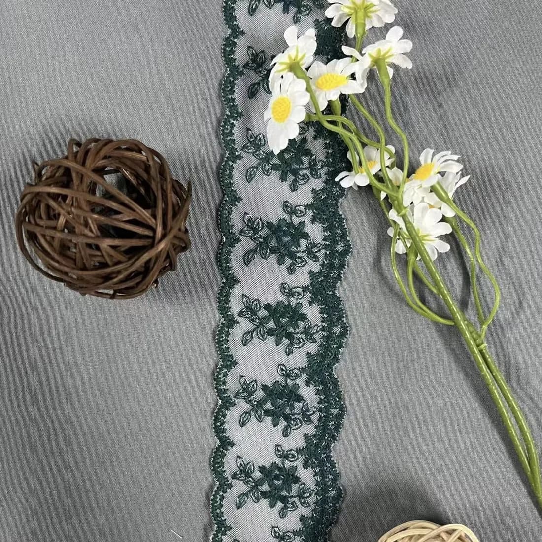 forest green floral embroidered mesh lace trim