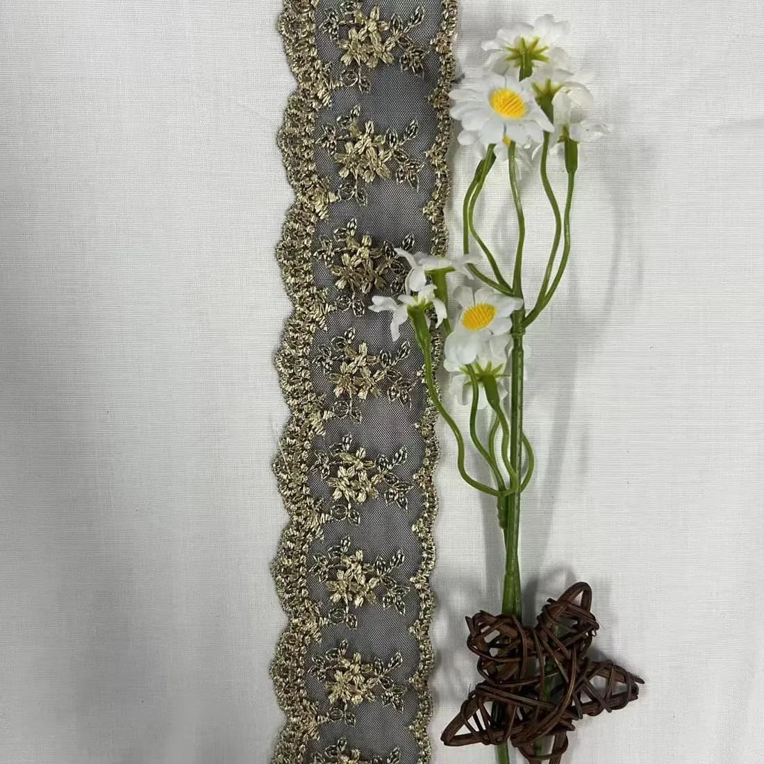 gold floral embroidered mesh lace trim