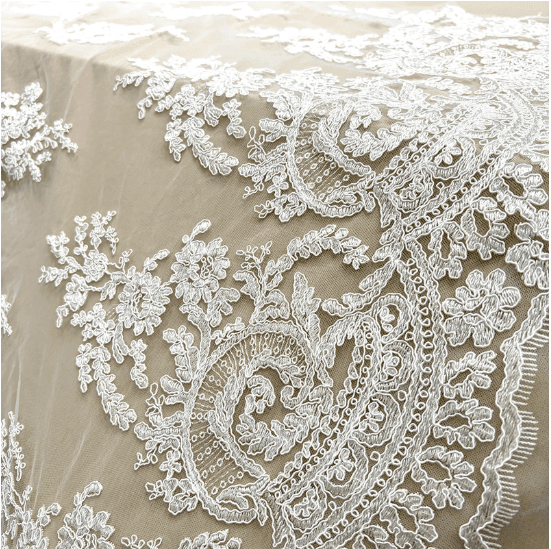 Draped scalloped embroidered bridal lace border for gown and veil applications
