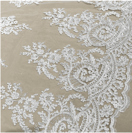 Floral embroidered tulle bridal lace border layout for wedding dress production