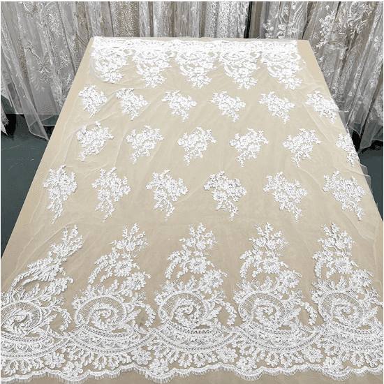 Full panel of ivory floral embroidered tulle bridal lace fabric