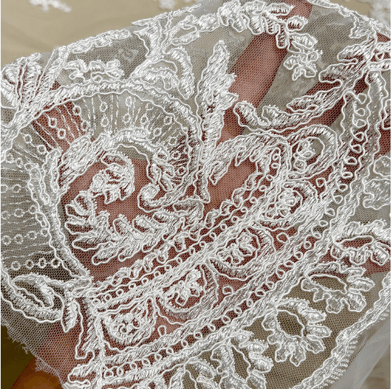 Close-up of ornate embroidered bridal lace border held against a hand