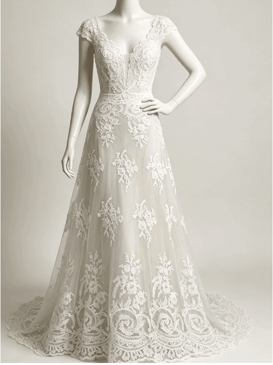 Fine embroidered tulle wedding dress lace application on a V neck bridal gown