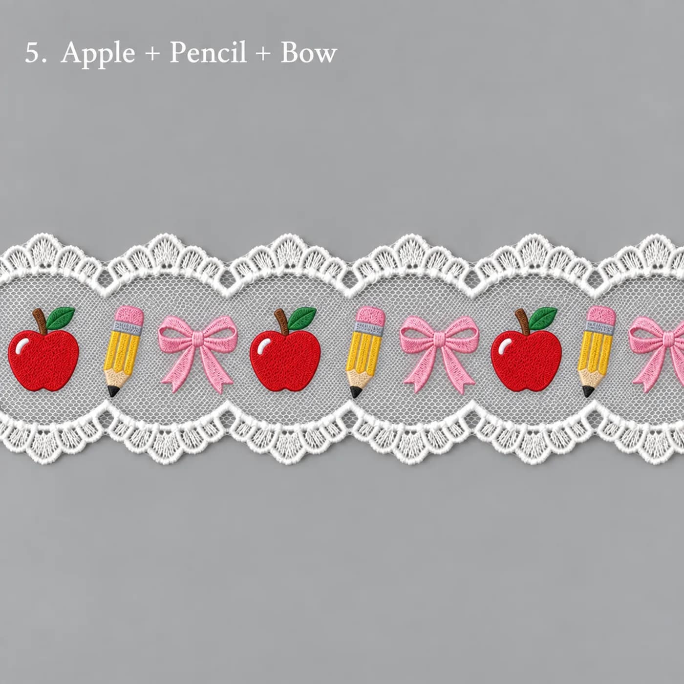 Design concept for apple + pencil + bow embroidered tulle lace trim for children's hair bows