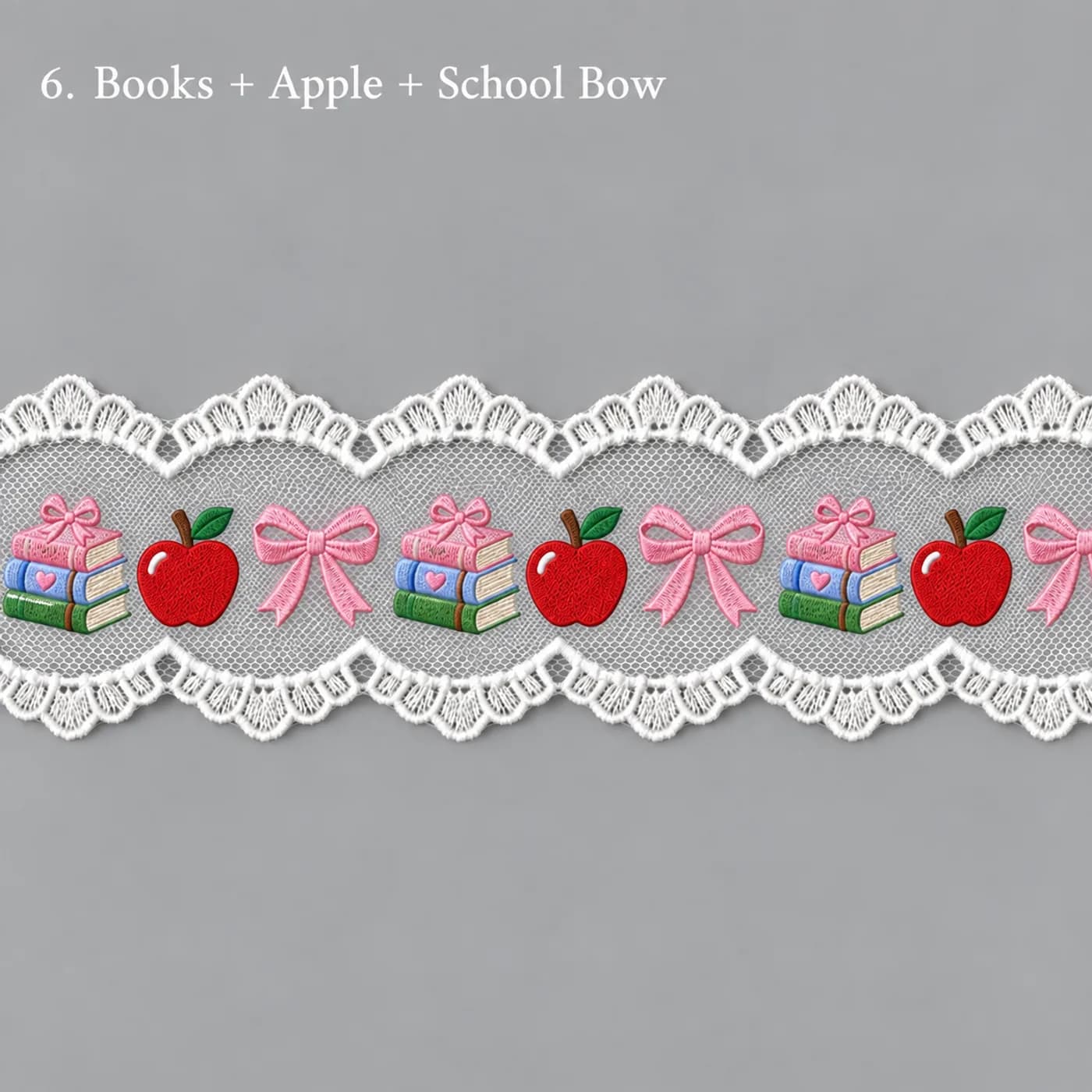 Design concept for books + apple + school bow embroidered tulle lace trim for children's hair bows