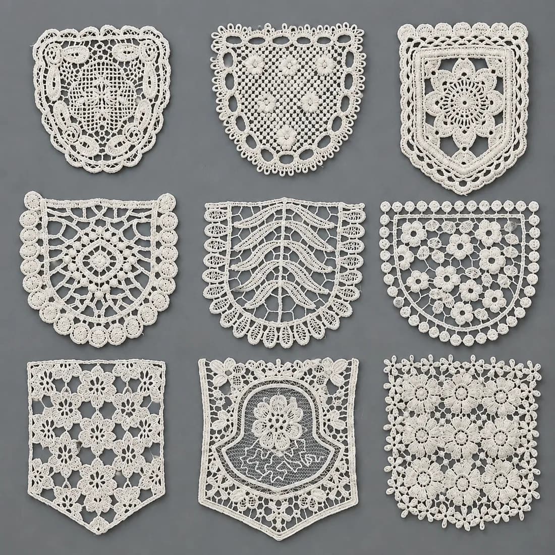 white crochet and guipure lace motifs