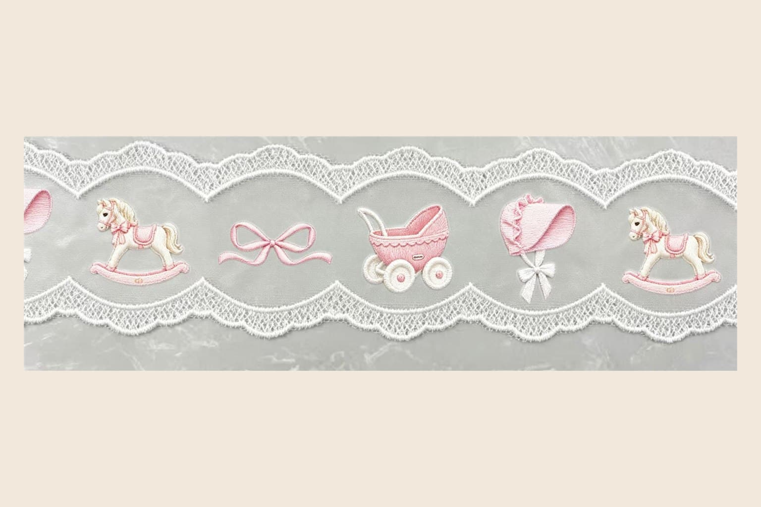 Pink rocking horse bow carriage and bonnet embroidered lace trim