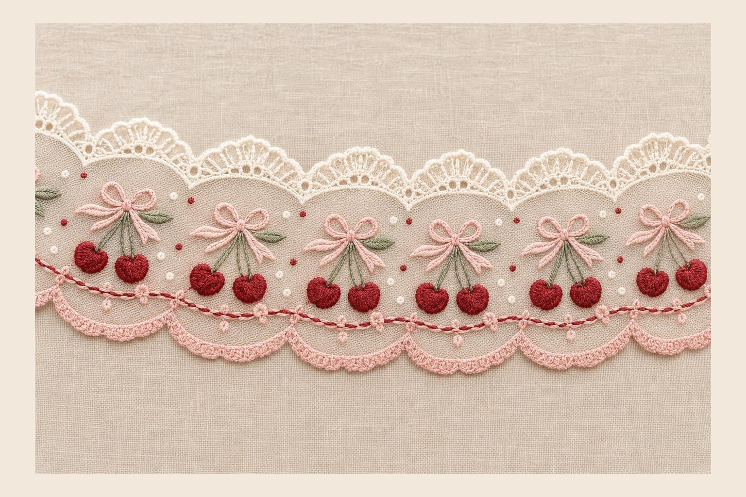 Cherry and pink bow embroidered mesh lace trim with scalloped ivory edges