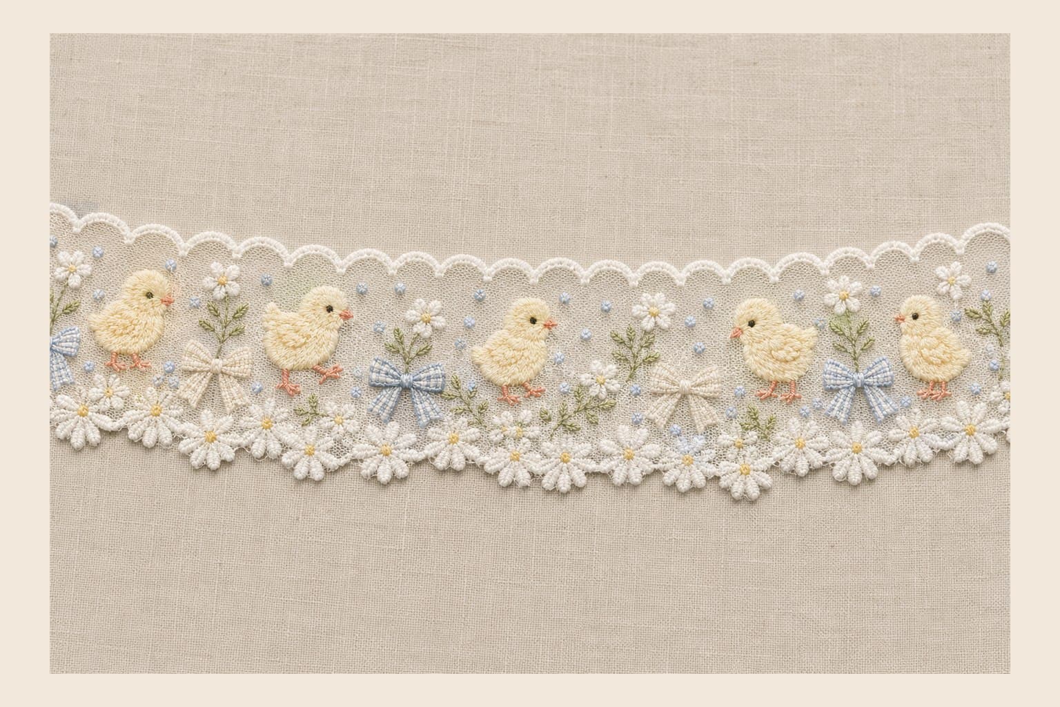Yellow chick daisy and blue bow embroidered lace trim on ivory mesh