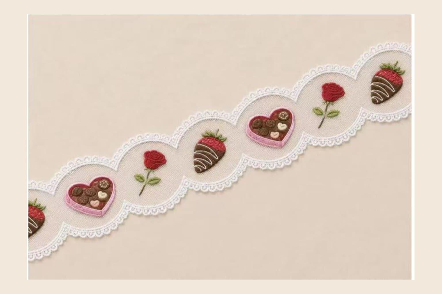 Chocolate strawberry and red rose embroidered lace trim on ivory mesh