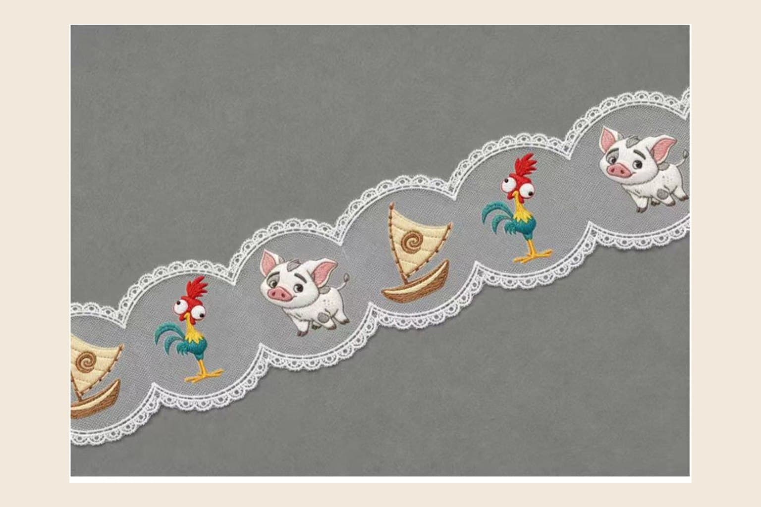 Island boat pig and colorful bird embroidered lace trim on scalloped mesh