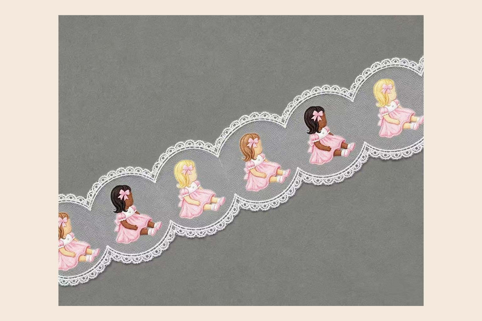 Inclusive girl character embroidered lace trim with pink dresses and scalloped border