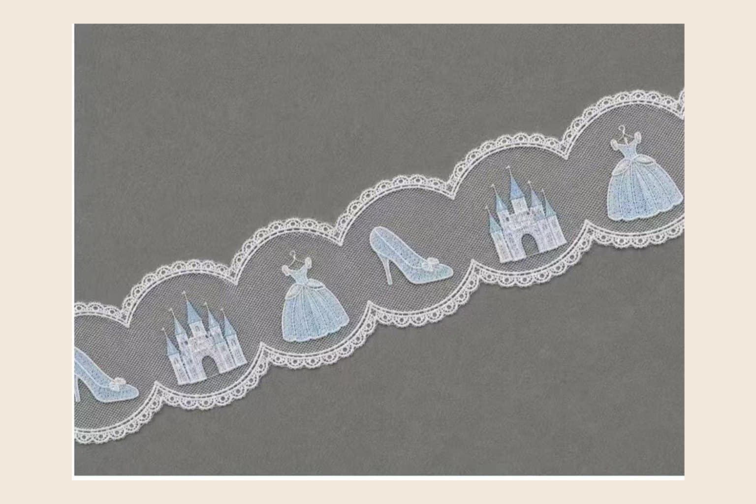 Pale blue princess dress castle and shoe embroidered lace trim
