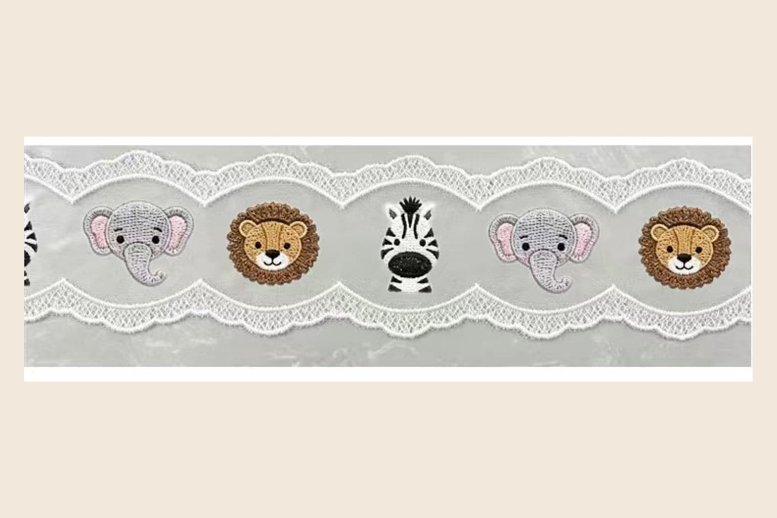 Elephant lion and zebra safari animal embroidered lace trim