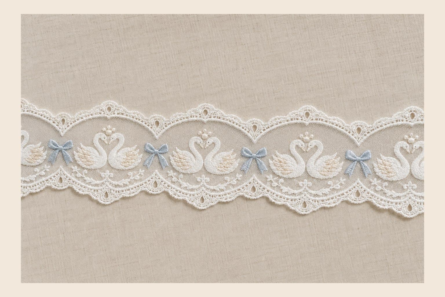 Ivory swan and blue bow embroidered lace trim for 2026 bridal design inspiration