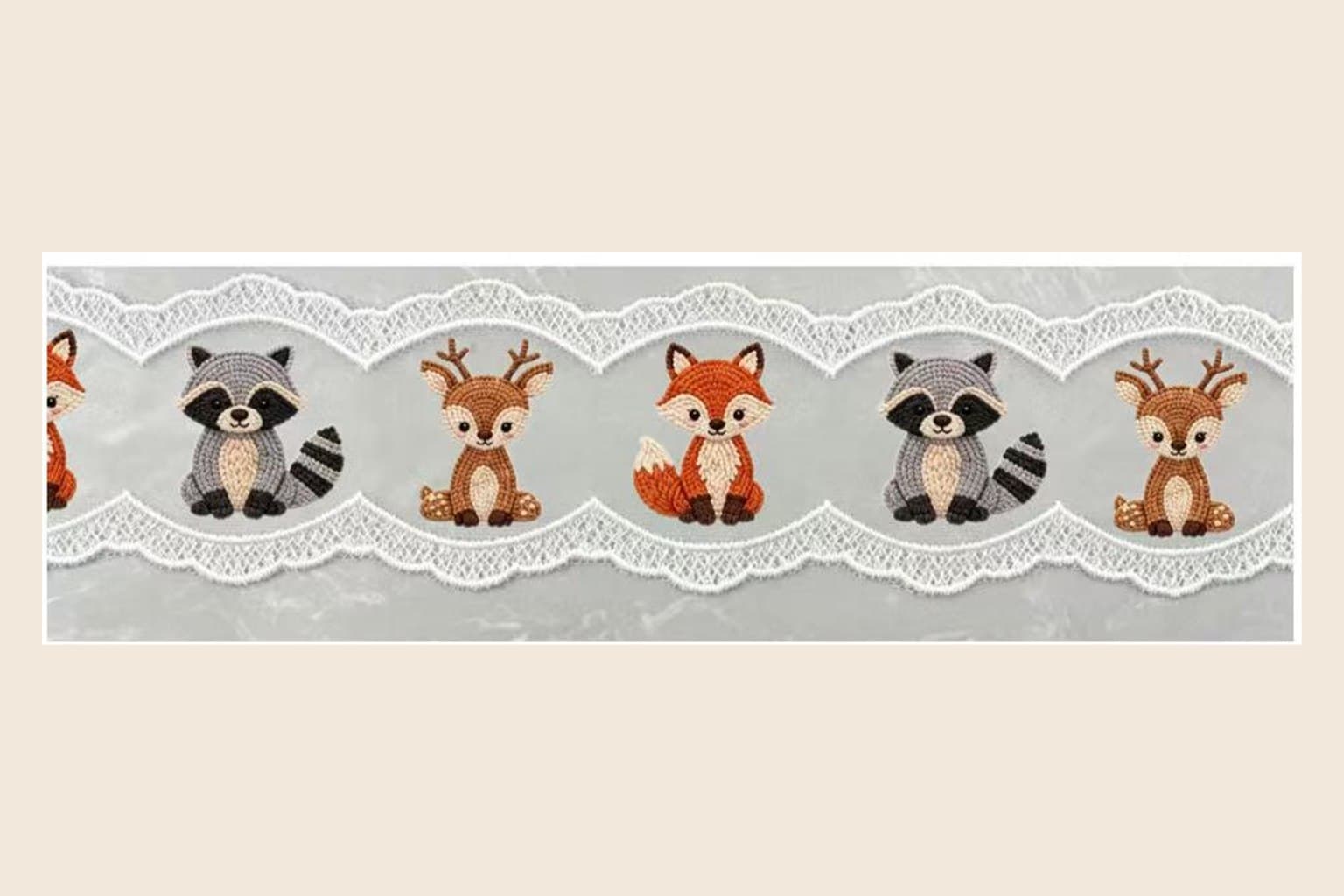 Fox raccoon and deer woodland animal embroidered lace trim