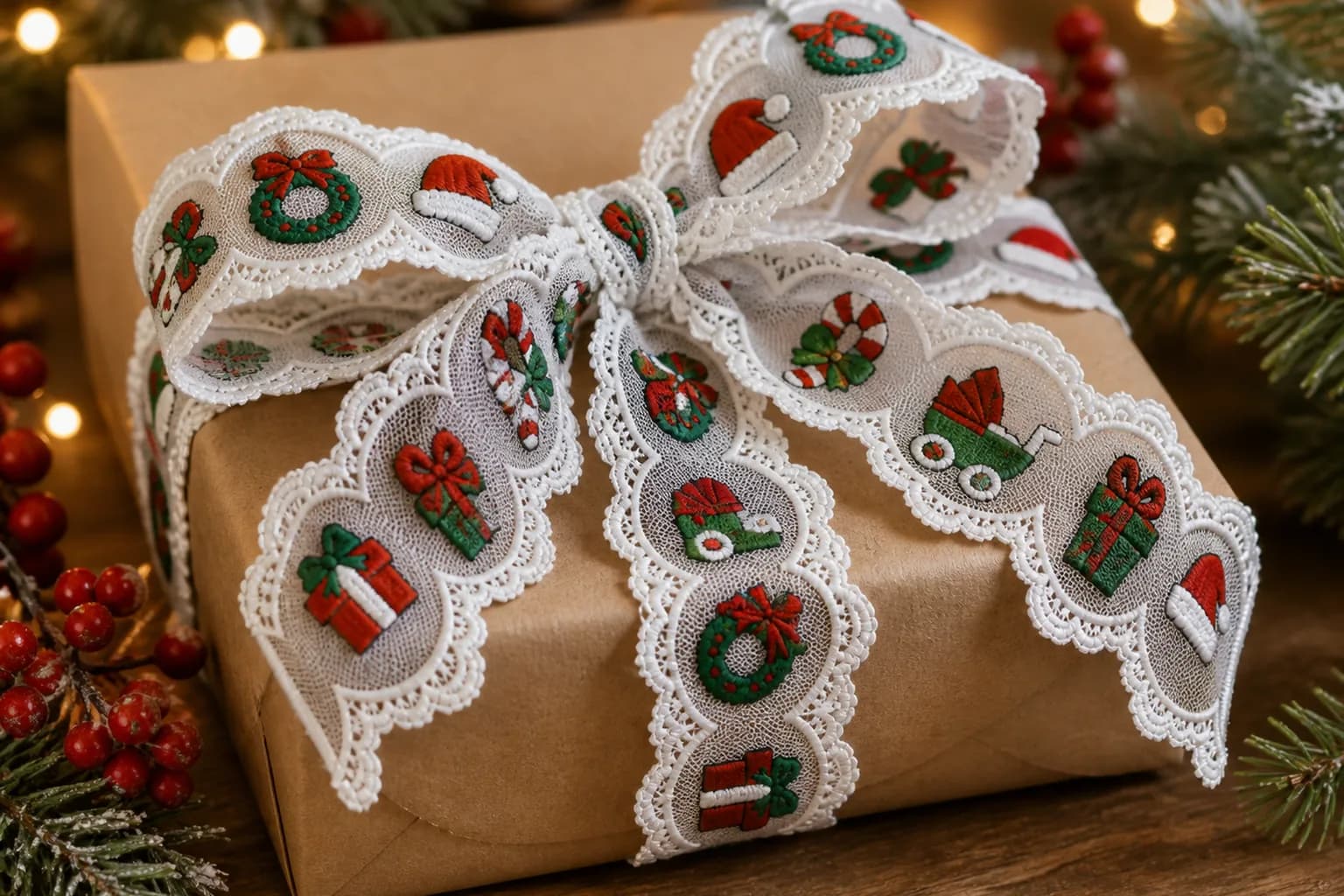 Christmas embroidered lace folded into a decorative bow on a kraft gift box