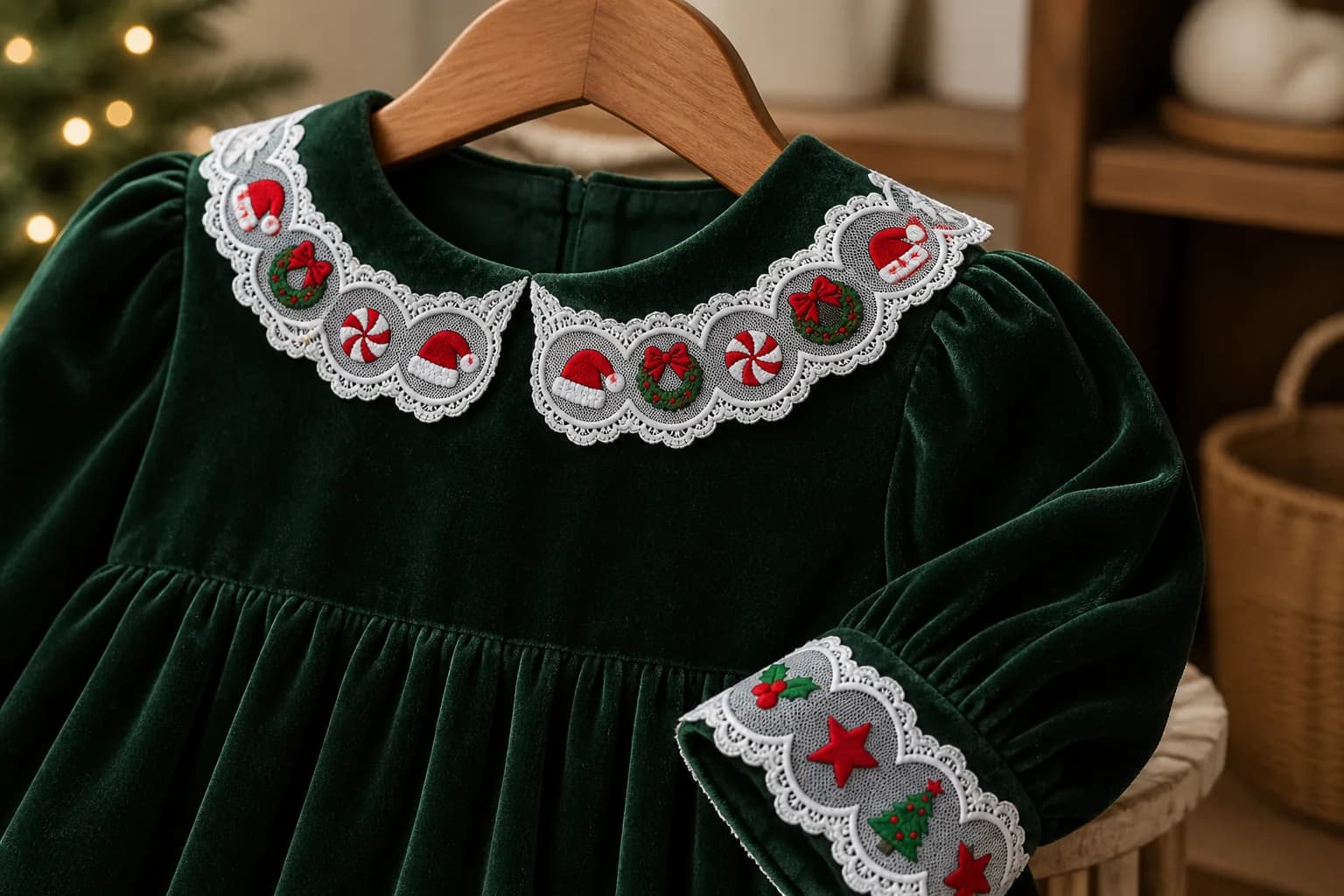 White embroidered Christmas lace trim on a forest-green velvet holiday dress