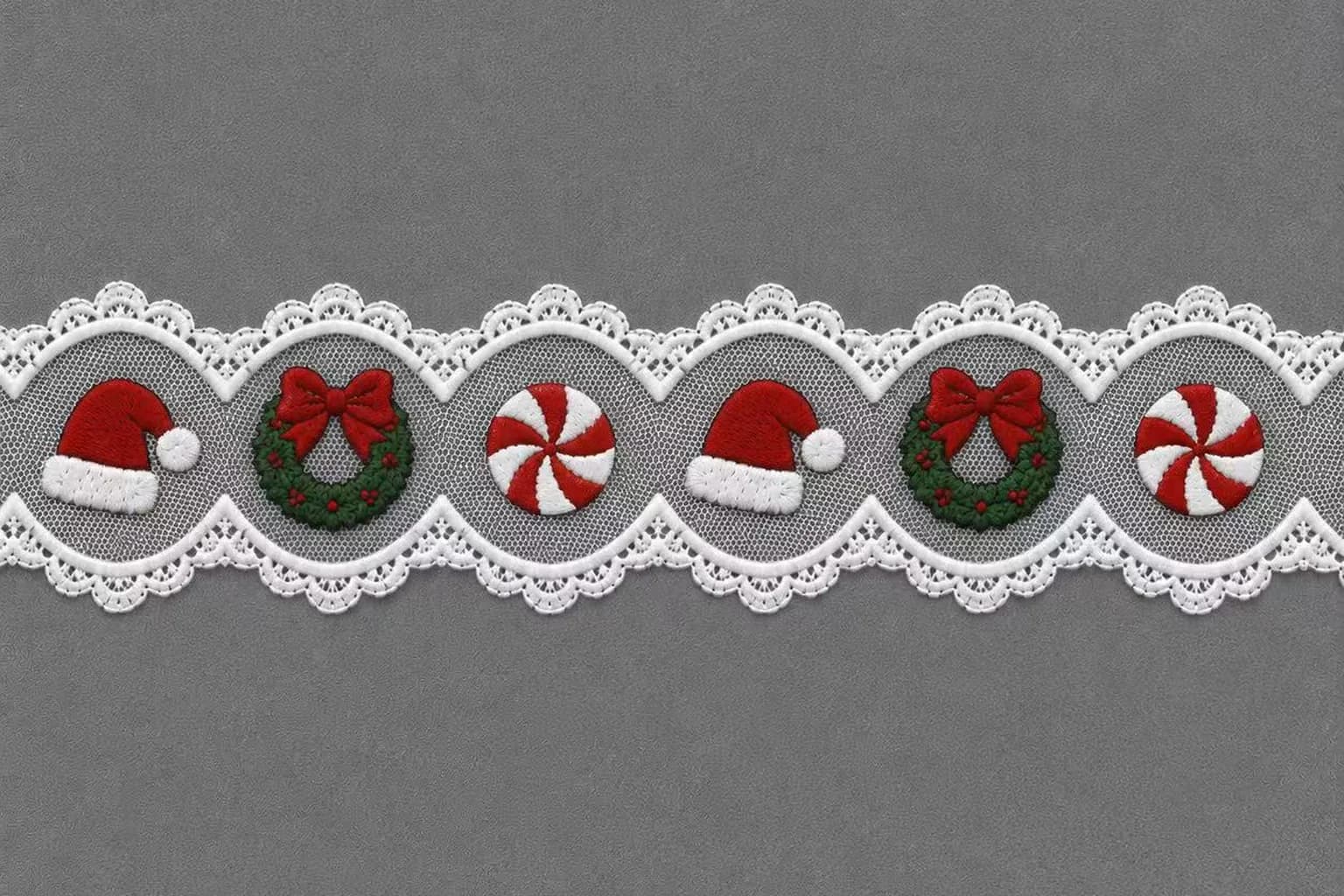 White Christmas lace with Santa hats wreaths and red-white peppermint motifs