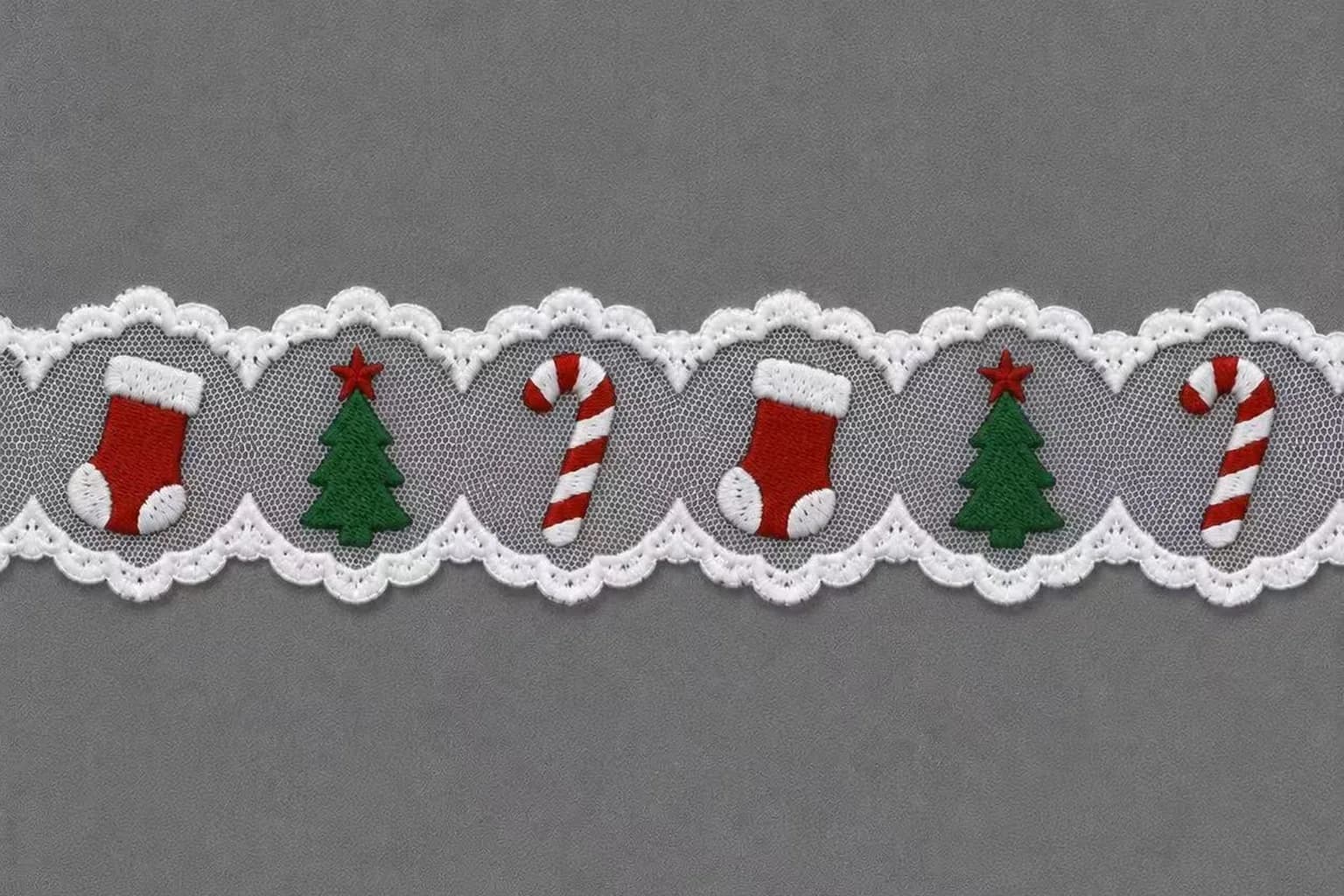 Scalloped embroidered lace with stockings Christmas trees and candy canes