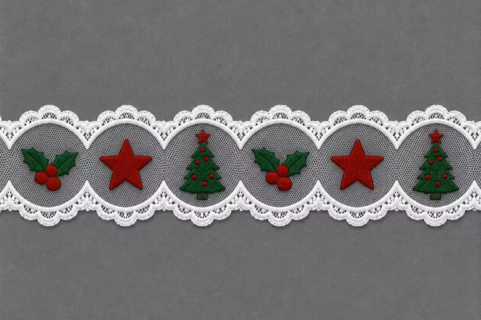 White embroidered holiday lace with holly berries red stars and Christmas trees