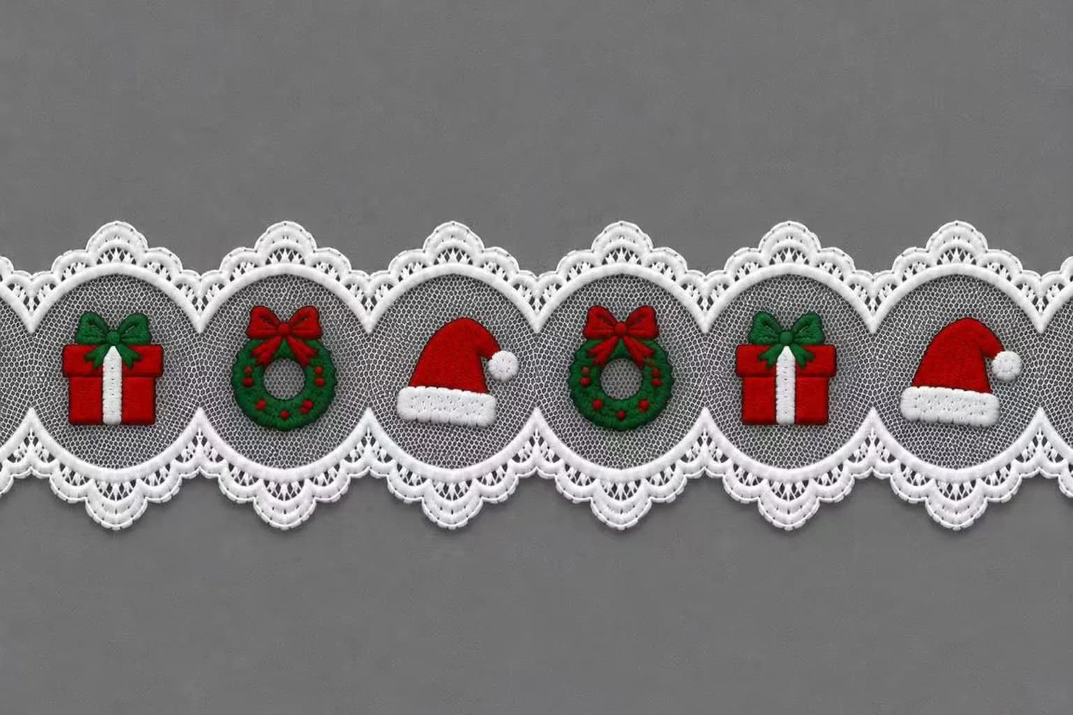 Christmas lace edging with embroidered gifts wreaths and Santa hats