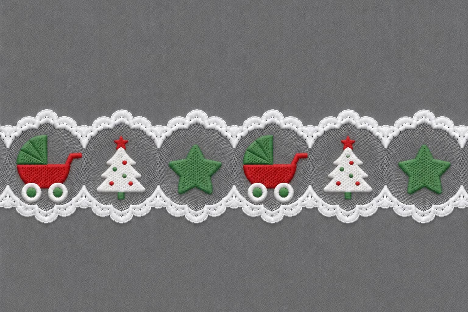 Embroidered Christmas lace featuring a red-green pram white tree and green star