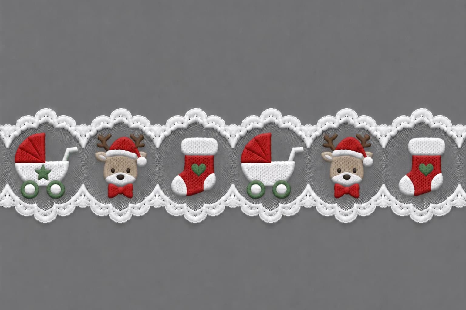 White scalloped lace with Christmas pram reindeer and heart stocking embroidery