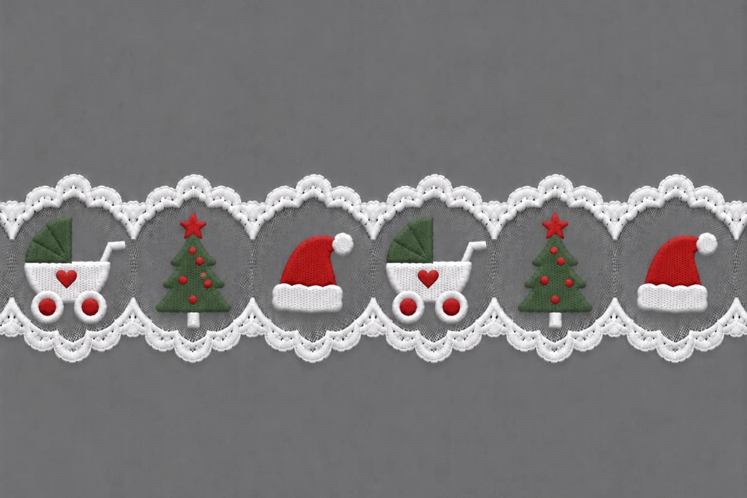 Holiday lace ribbon with heart pram Christmas tree and Santa hat motifs