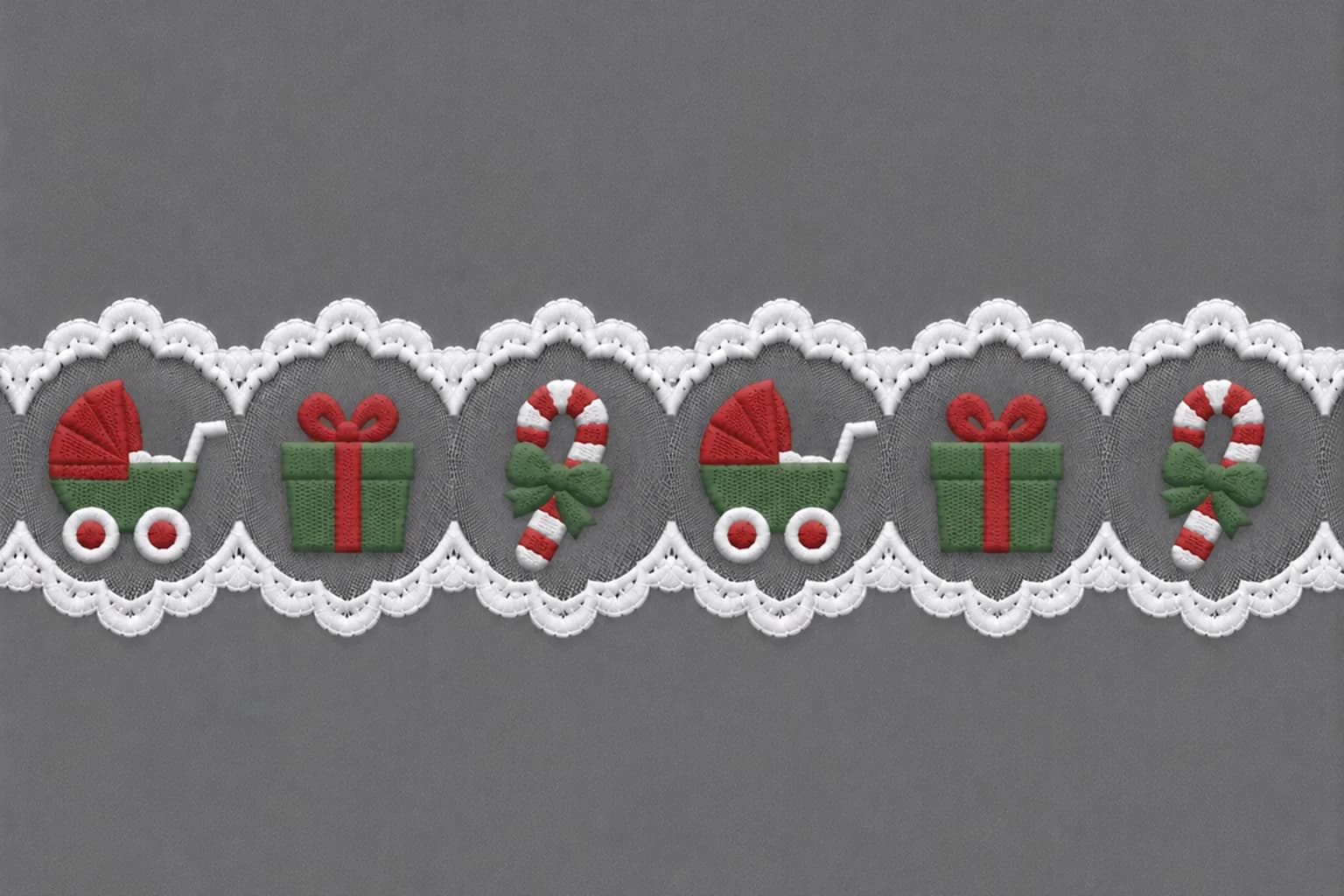 Christmas embroidered trim with pram gift box and bow-tied candy cane