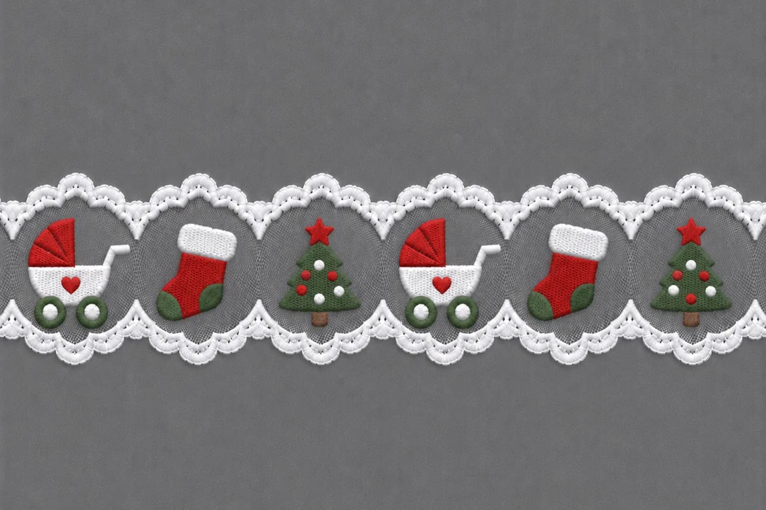 White Christmas lace trim with heart pram stocking and ornamented tree