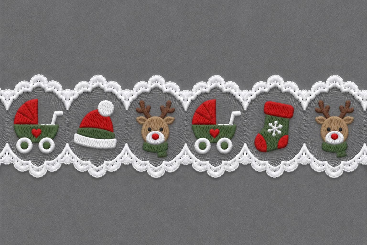 Embroidered lace edging with pram Santa hat reindeer and snowflake stocking