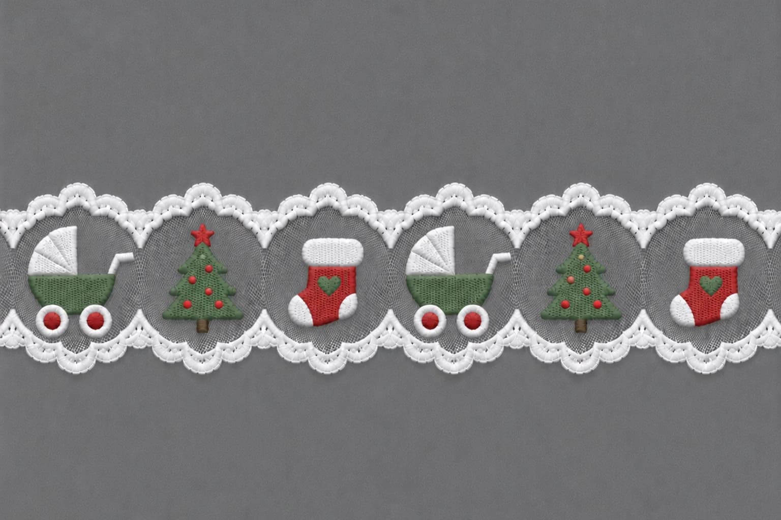 Christmas lace with green pram decorated tree and red stocking with green heart