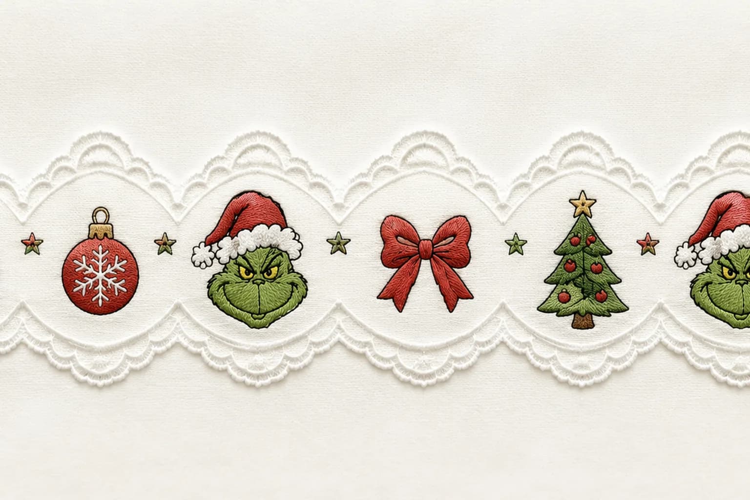Wide white embroidered Christmas lace with green character wreaths ornaments bows and trees