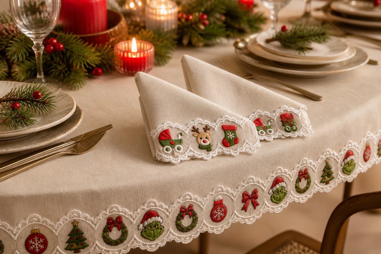 Christmas lace trim decorating cream table linen and folded napkins