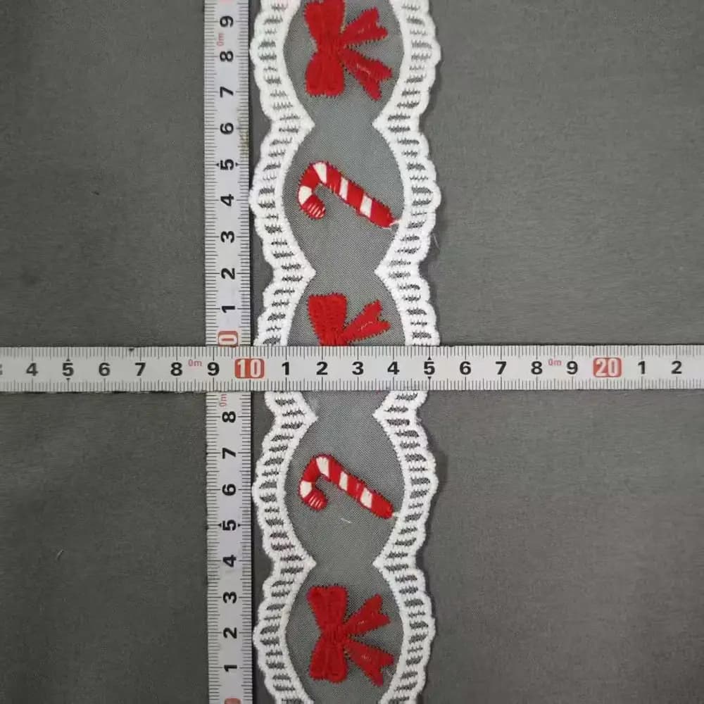 Candy cane and bow custom embroidered lace trim for holiday kidswear