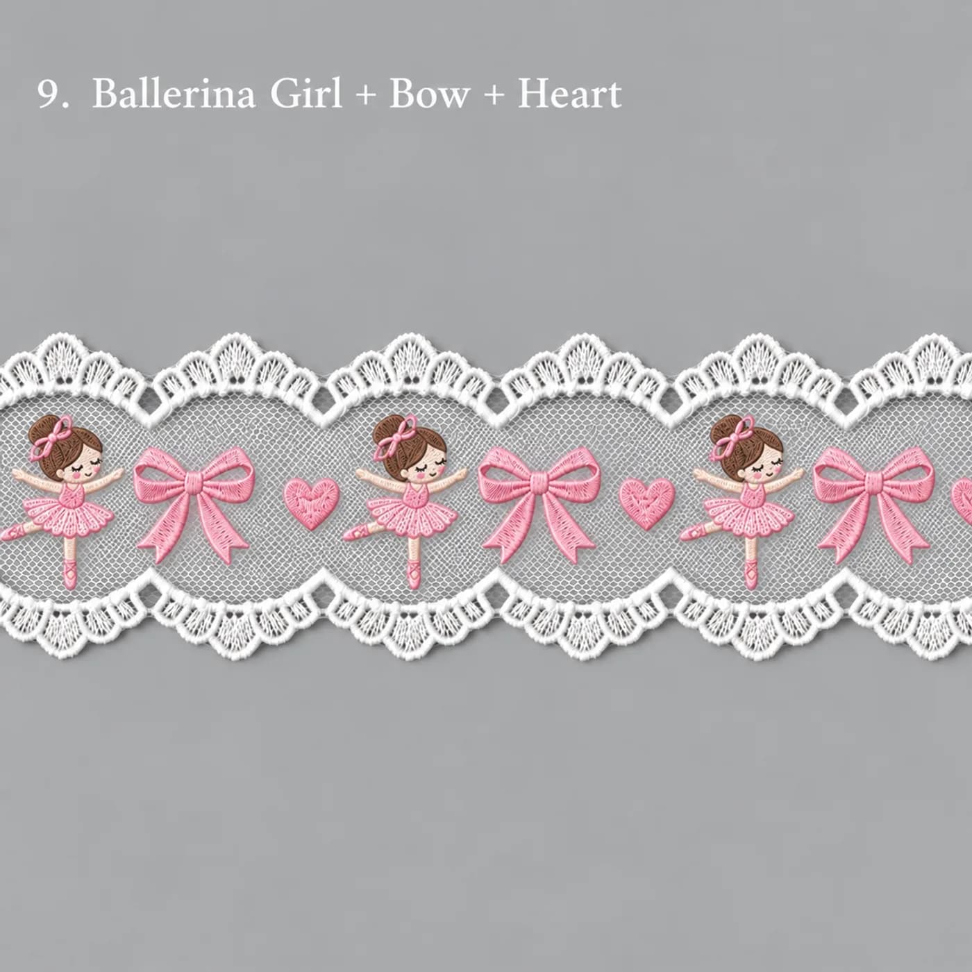 Design concept for ballerina girl + bow + heart embroidered tulle lace trim for children's hair bows