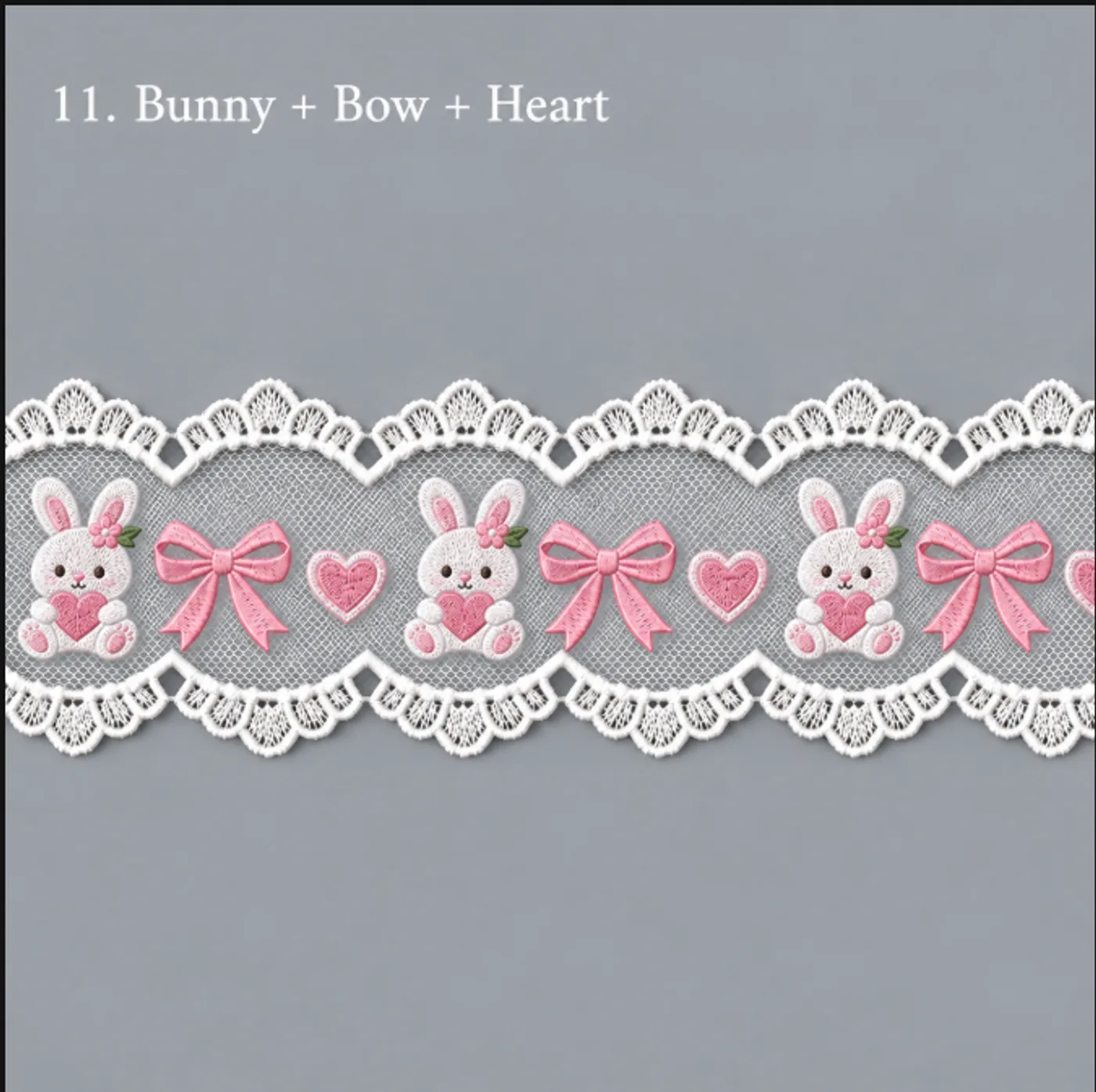 Design concept for bunny + bow + heart embroidered tulle lace trim for children's hair bows