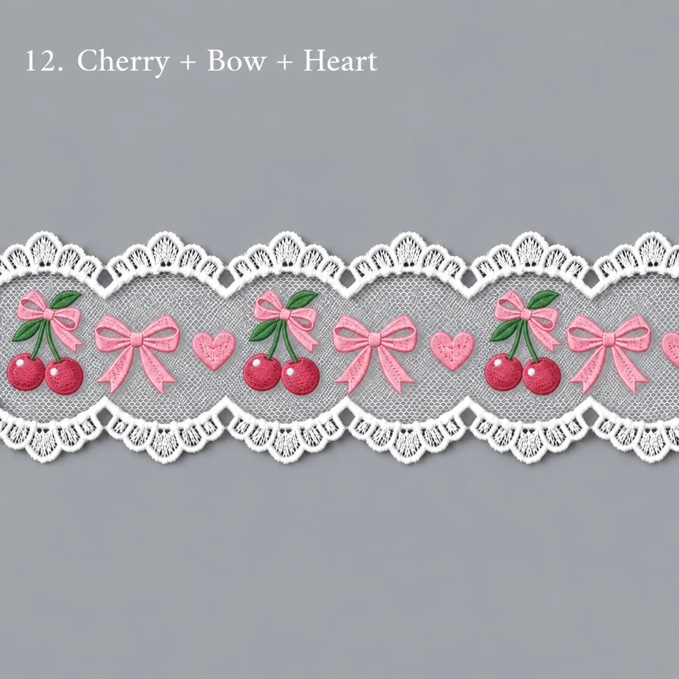 Design concept for cherry + bow + heart embroidered tulle lace trim for children's hair bows
