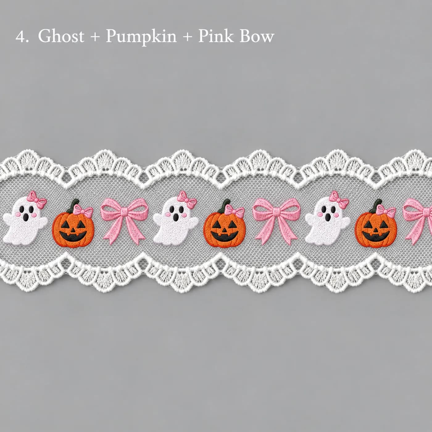 Design concept for ghost + pumpkin + pink bow embroidered tulle lace trim for children's hair bows
