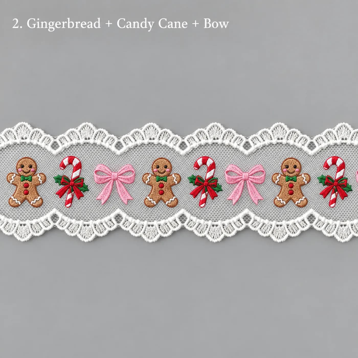 Design concept for gingerbread + candy cane + bow embroidered tulle lace trim for children's hair bows
