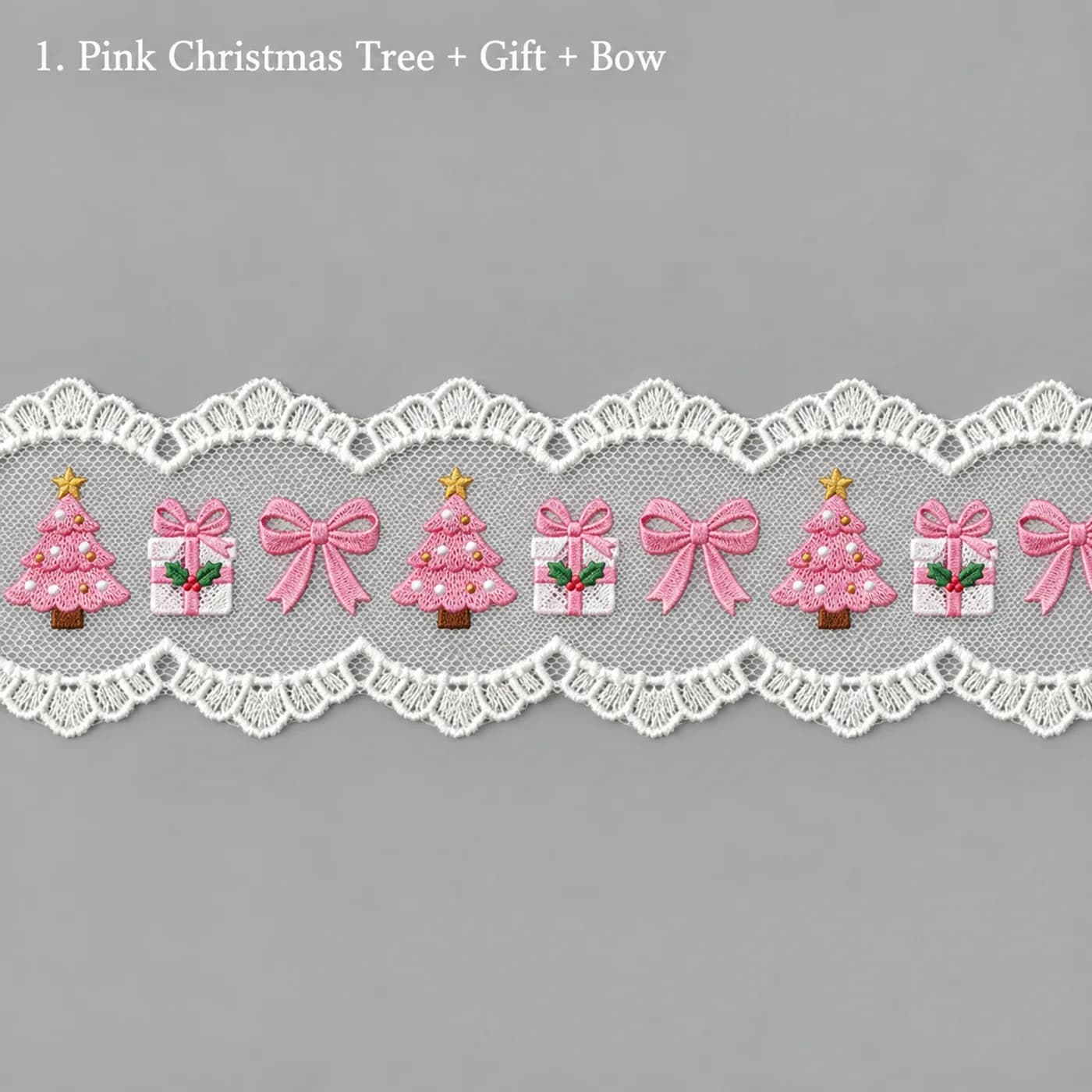 Design concept for pink christmas tree + gift + bow embroidered tulle lace trim for children's hair bows