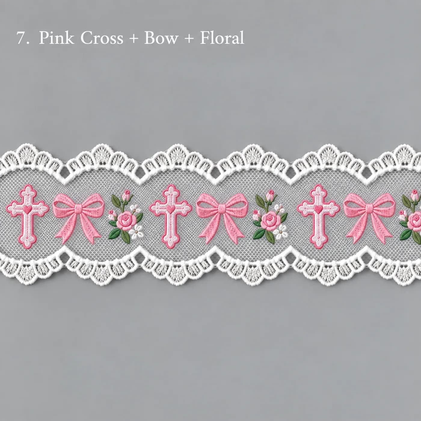 Design concept for pink cross + bow + floral embroidered tulle lace trim for children's hair bows
