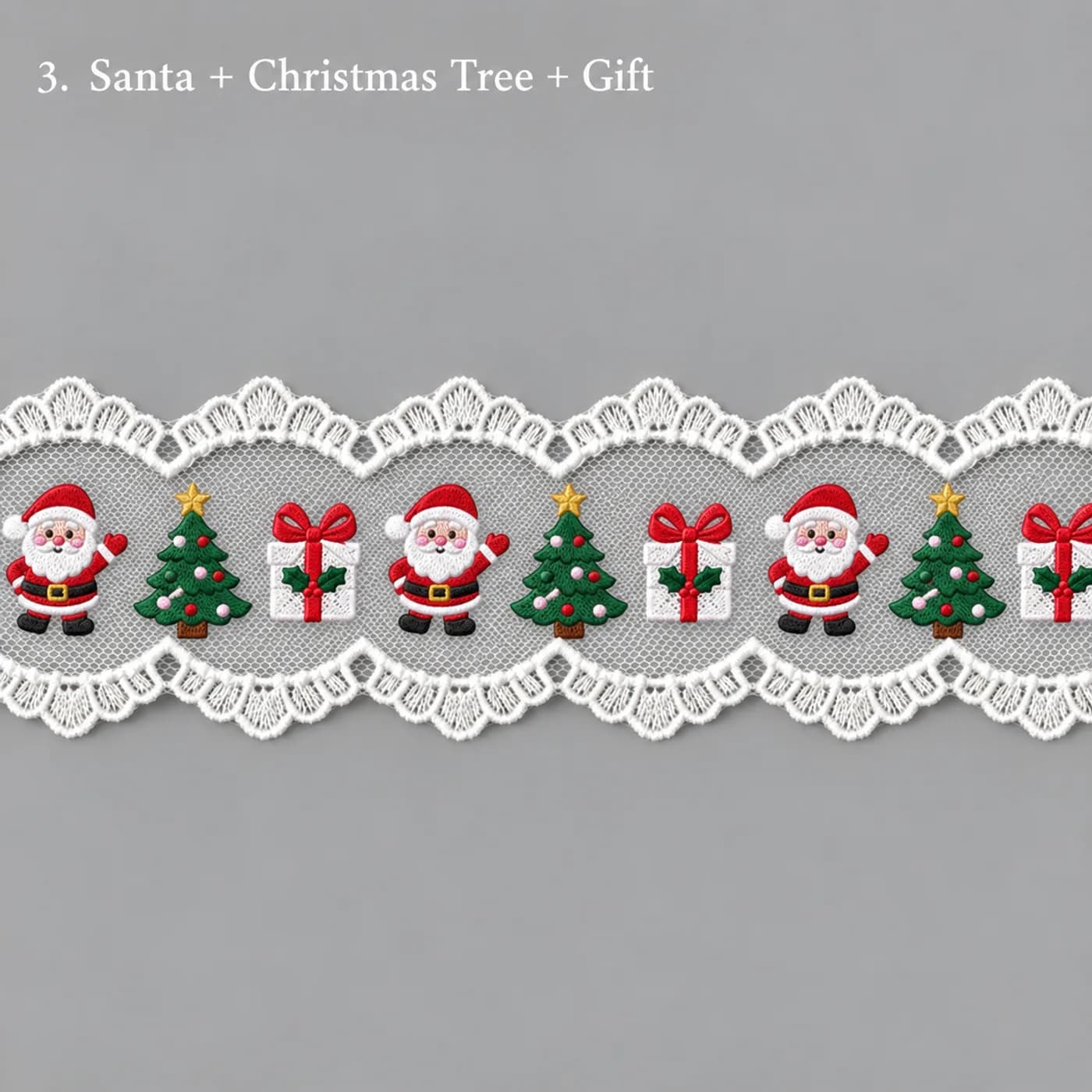 Design concept for santa + christmas tree + gift embroidered tulle lace trim for children's hair bows