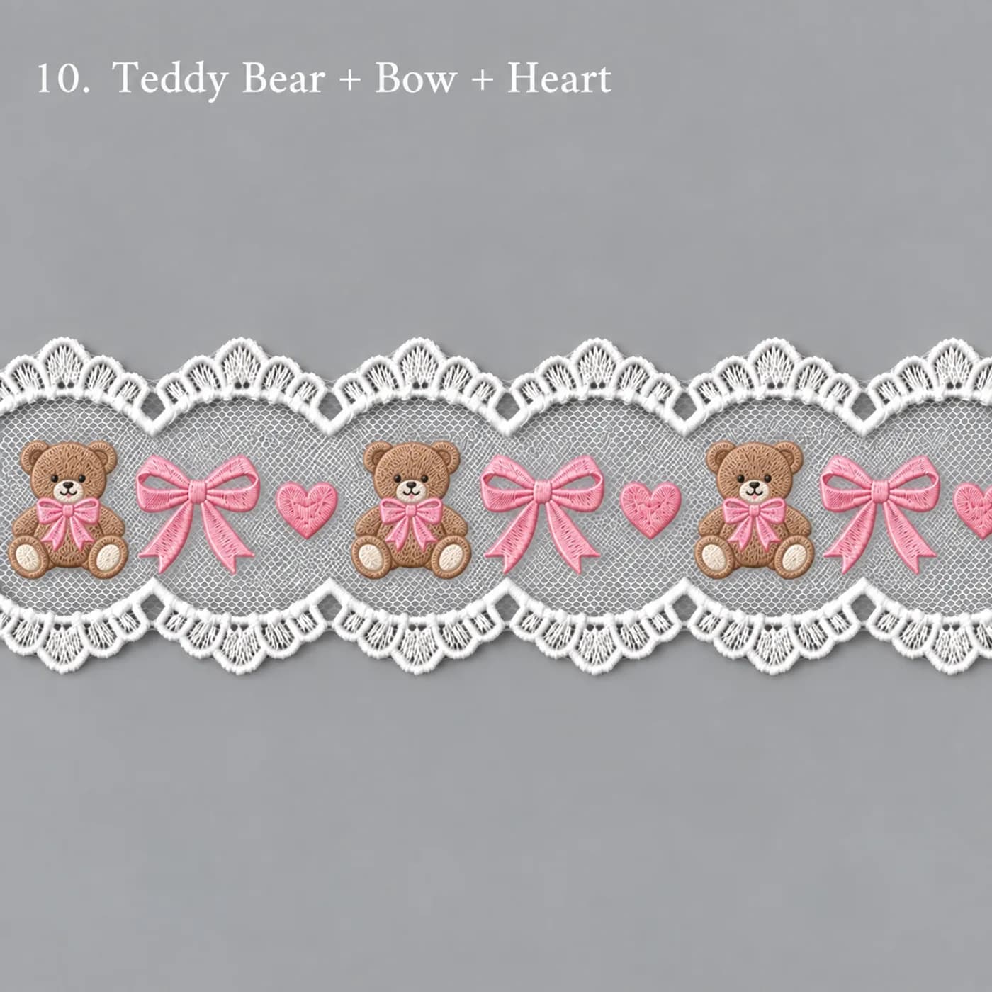 Design concept for teddy bear + bow + heart embroidered tulle lace trim for children's hair bows