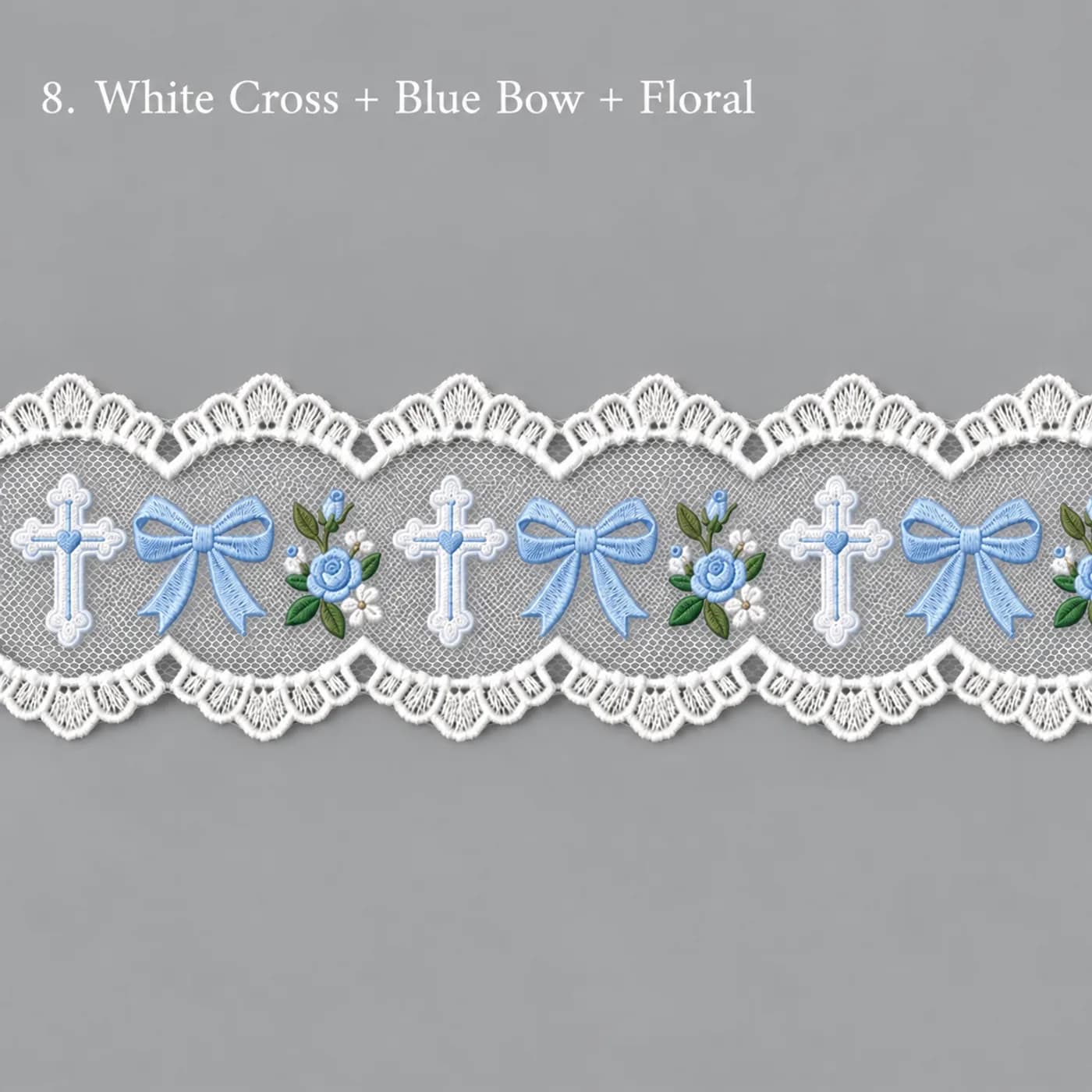 Design concept for white cross + blue bow + floral embroidered tulle lace trim for children's hair bows
