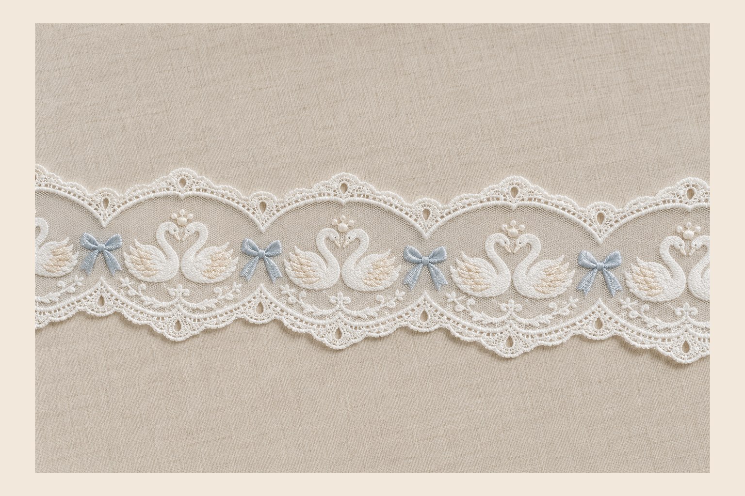 Ivory swan and blue bow embroidered lace trim for 2026 bridal design inspiration